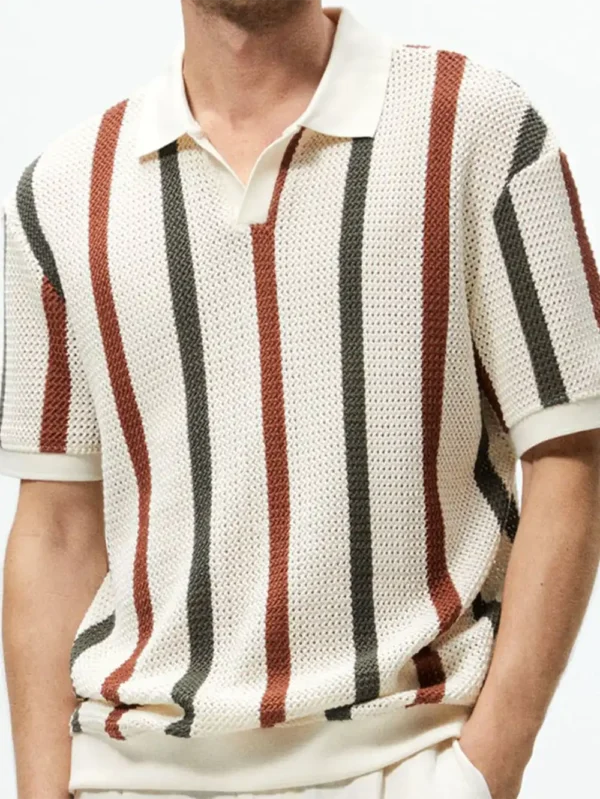 New Arrival Casual Striped Color Contrast Hollow Woven Casual Polo Shirt for Men Sehe Fashion